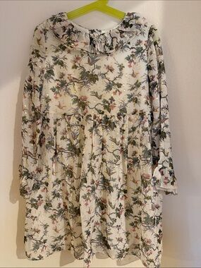 Girls' White Floral Long-Sleeve Ruffled Dress